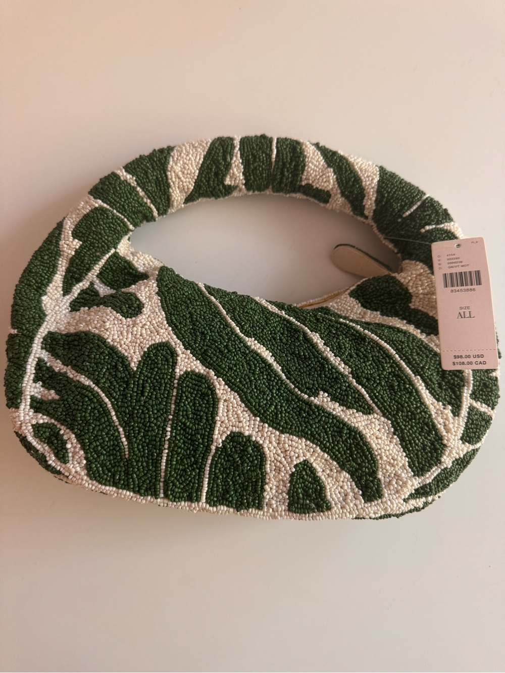 Beaded Green & Cream Leaf Pattern Shoulder Bag NWT